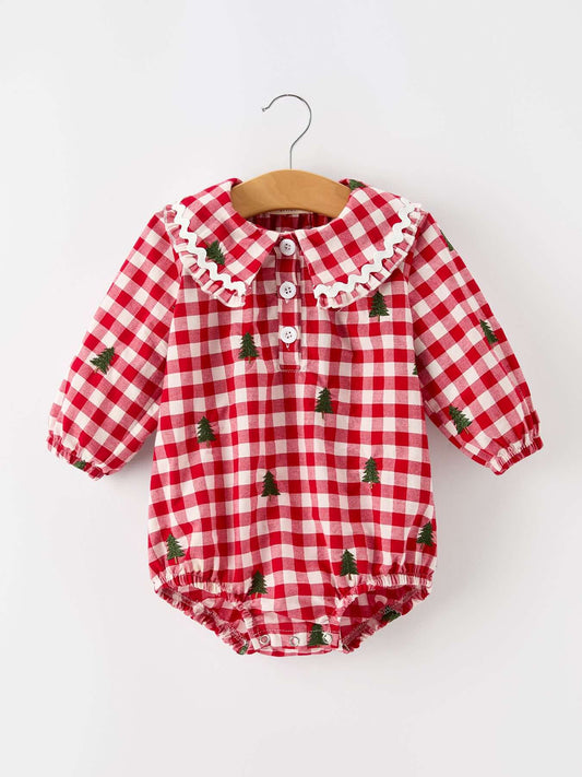 Christmas Tree Embroidered Red Plaid Baby Girls Ruffle Collar Romper