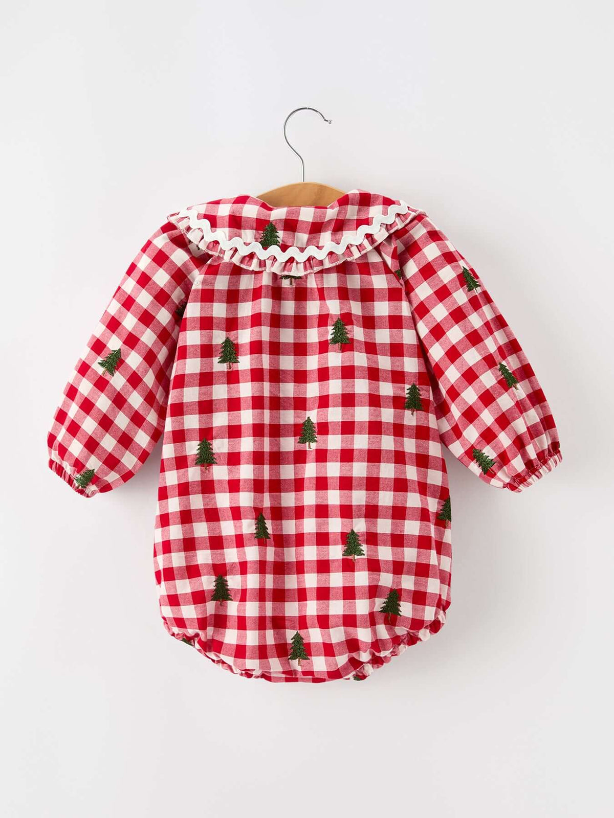 Christmas Tree Embroidered Red Plaid Baby Girls Ruffle Collar Romper
