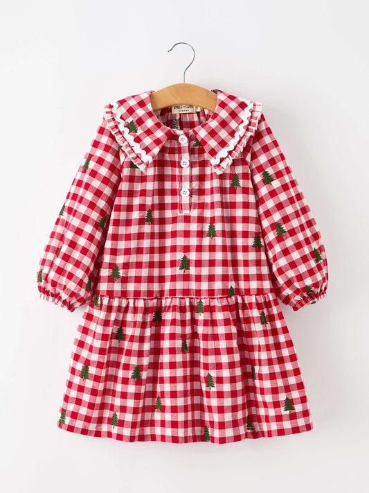 Christmas Tree Embroidered Plaid Girls Ruffle Collar Dress