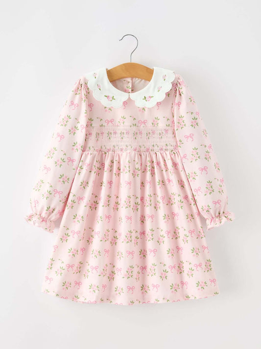FALL Girls Pink Floral Embroidered Collar Smocked Dress