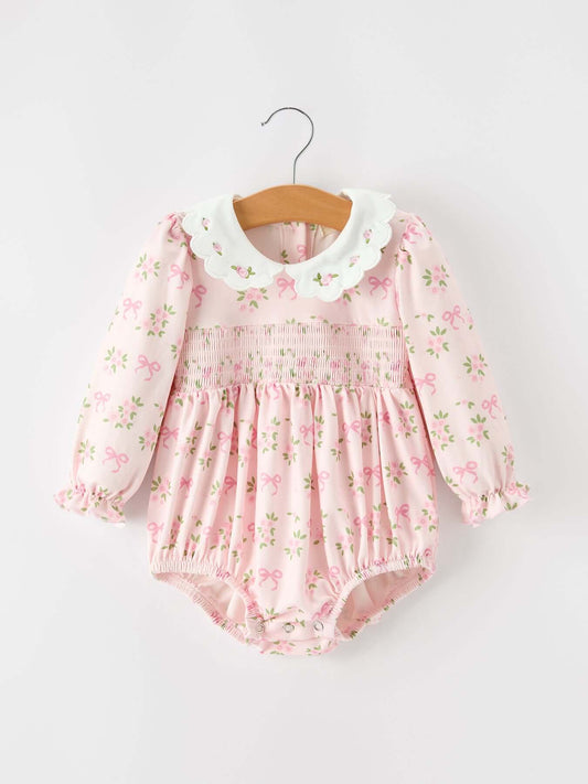 FALL Baby Girls Pink Floral Embroidered Collar Smocked Romper