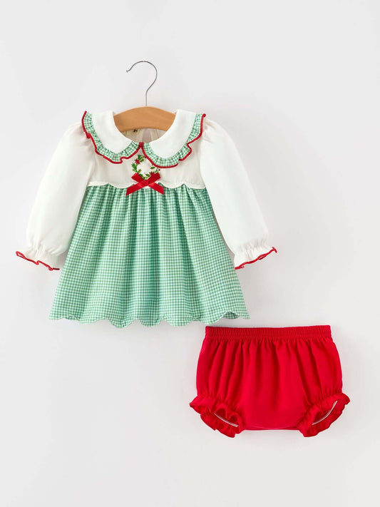 Baby Girls Christmas Green Plaid Embroidered Dress Top & Bloomer Set