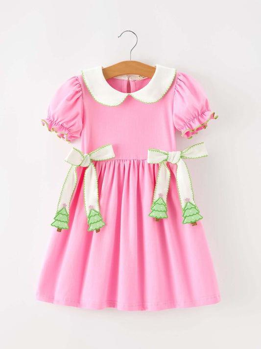 Girls Christmas Pink Bow & Christmas Tree Peter Pan Collar Dress