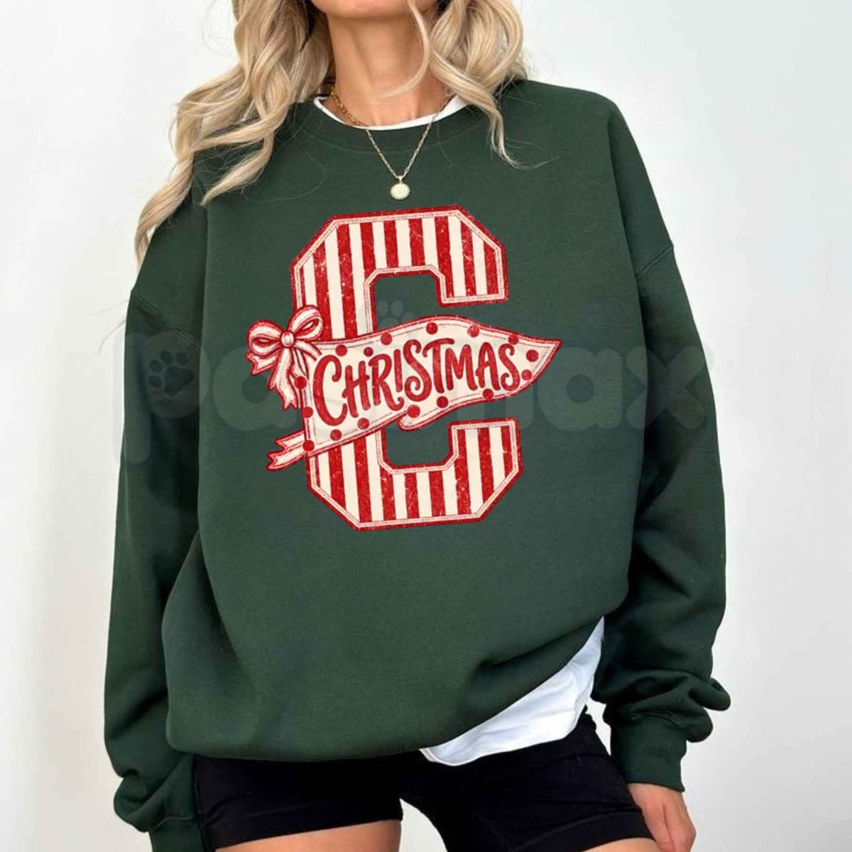 Vintage Coquette Letter C Christmas Sweatshirt | Candy Cane Bow Crewneck