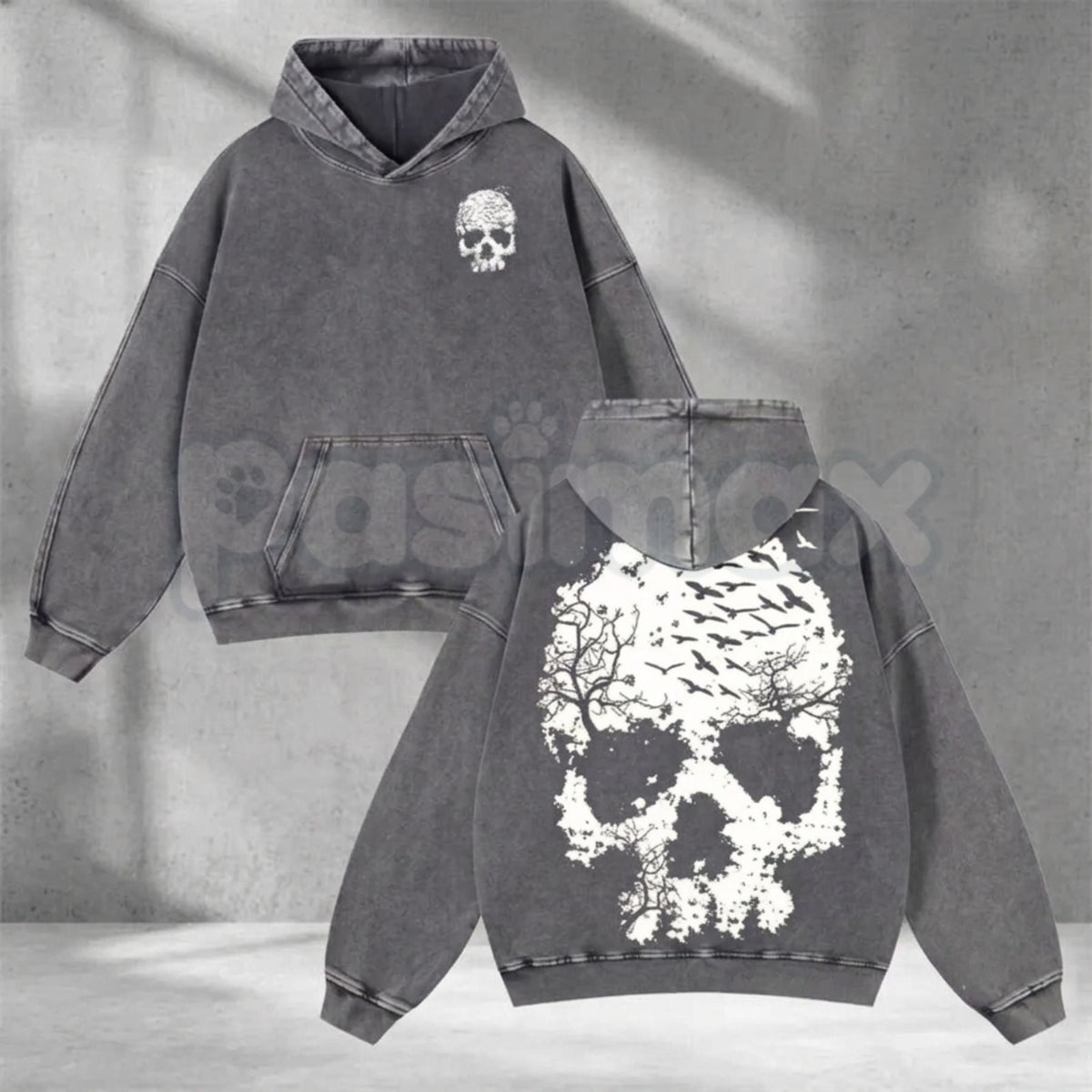 Vintage Washed Skull Print Oversized Hoodie – Distressed Skeleton Graphic Pullover, Minimal Dark Aesthetic Streetwear
