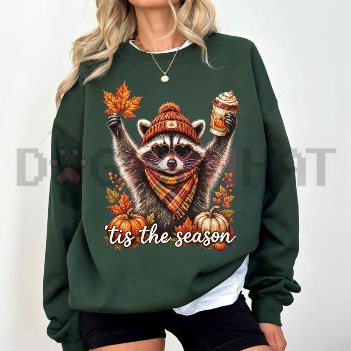 Retro Autumn Raccoon Pumpkin & Coffee Graphic Fleece Sweatshirt