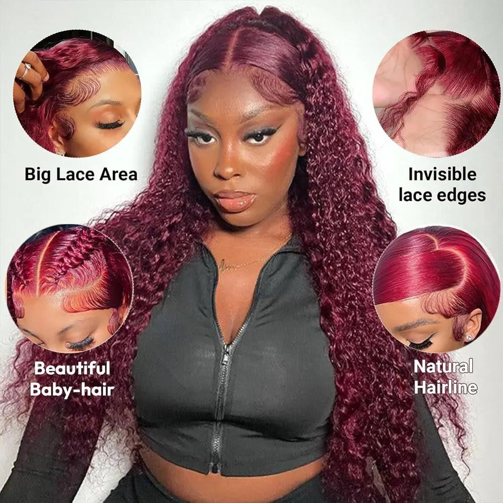 Colored curly human hair frontal wig on model – 30 inch burgundy 99J deep wave | Quirk & Co.