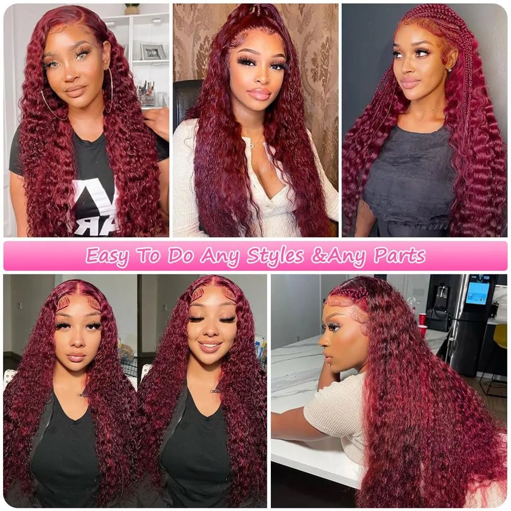 30 inch burgundy 99J deep wave frontal wig – 13x4 HD lace, 200-250 density | Quirk & Co.