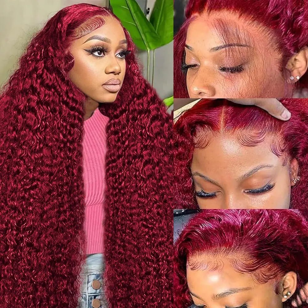 Burgundy 99J deep wave HD lace frontal wig side view – 30 inch colored curly human hair | Quirk & Co.