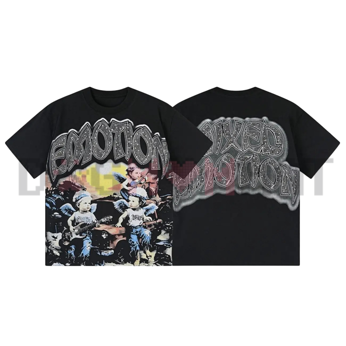 Mixed Emotion Diamond Angel Graphic Tee - Vintage Washed Cotton Unisex Y2K Hip Hop Oversized Streetwear T-Shirt