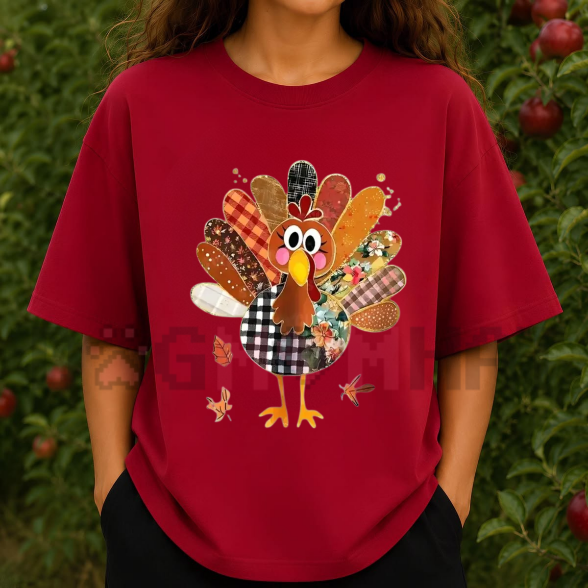 Thanksgiving Patchwork Turkey Mixed Print T-Shirt for Women