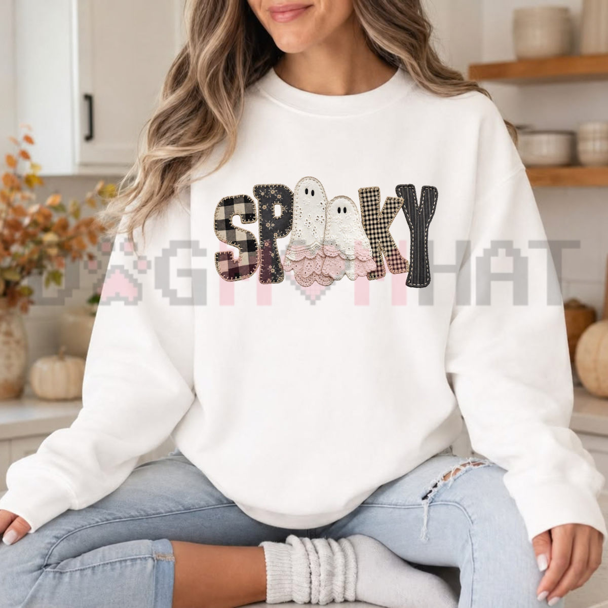 Gildan Patchwork Gingham Spooky Ghost Graphic Fleece Sweatshirt