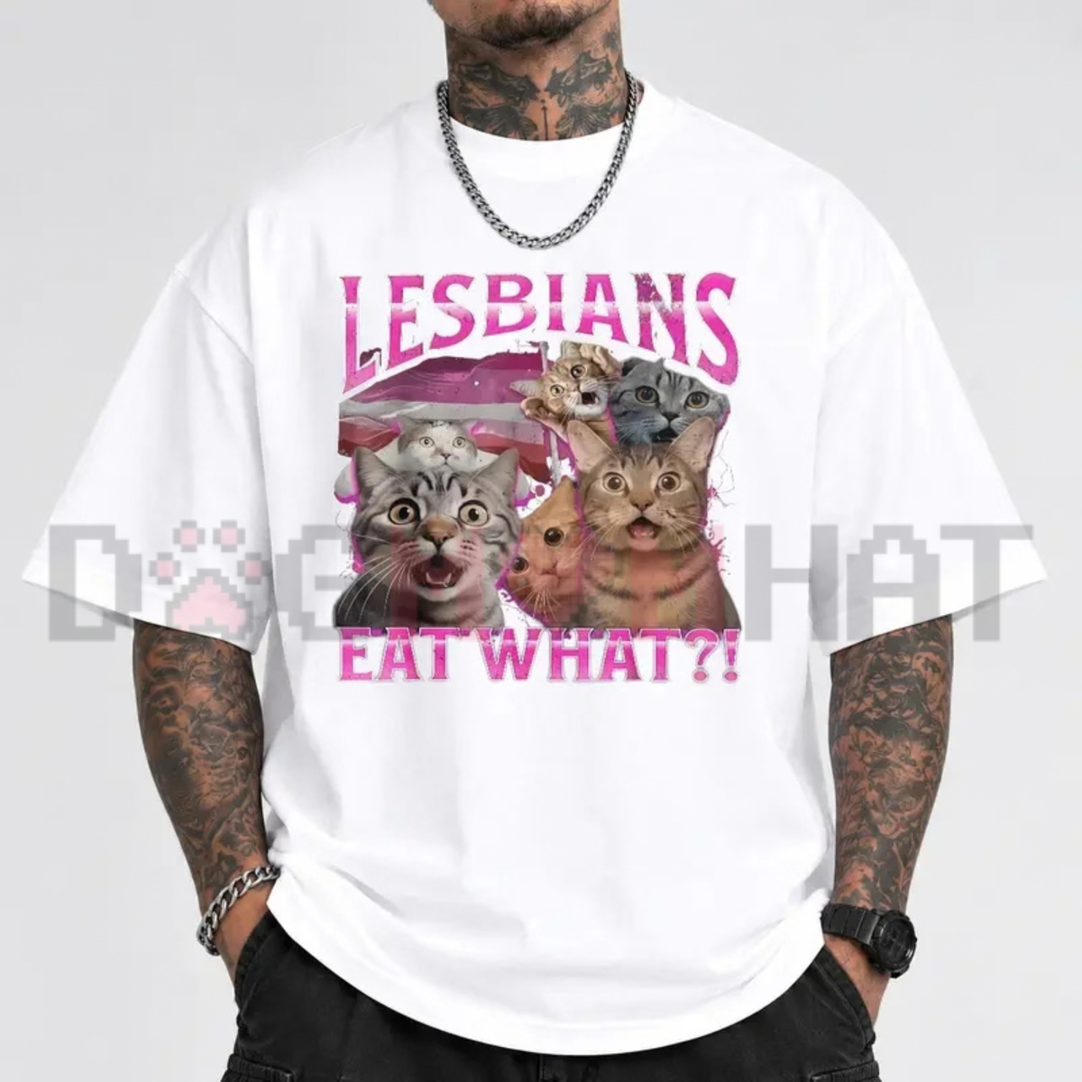 Lesbians Eat What Funny Cat Gay Pride Pun Graphic T-Shirt