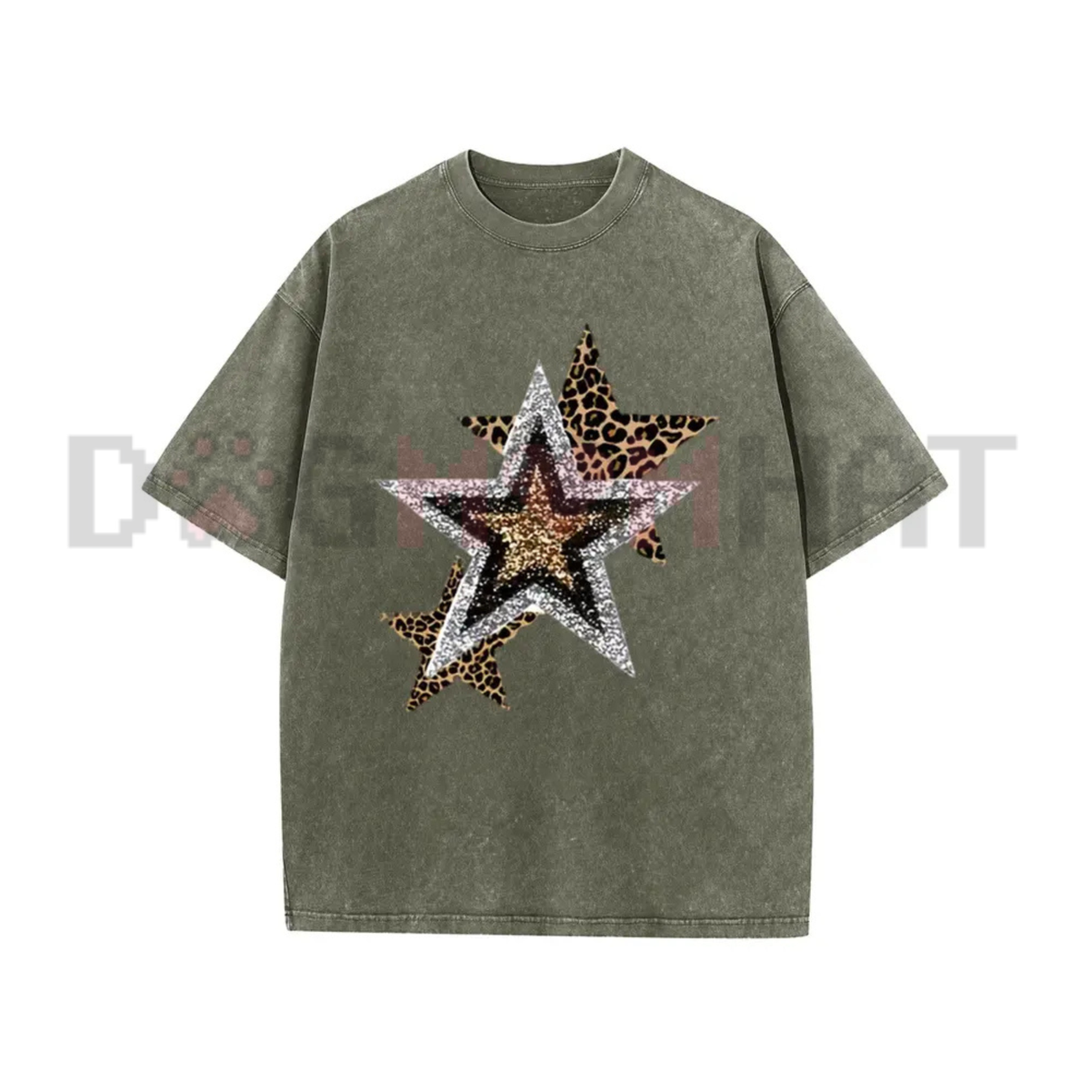 Holafish Celestial Cheetah Acid Wash Tee - Subtle Glitter Leopard Star Crew Neck Streetwear Shirt