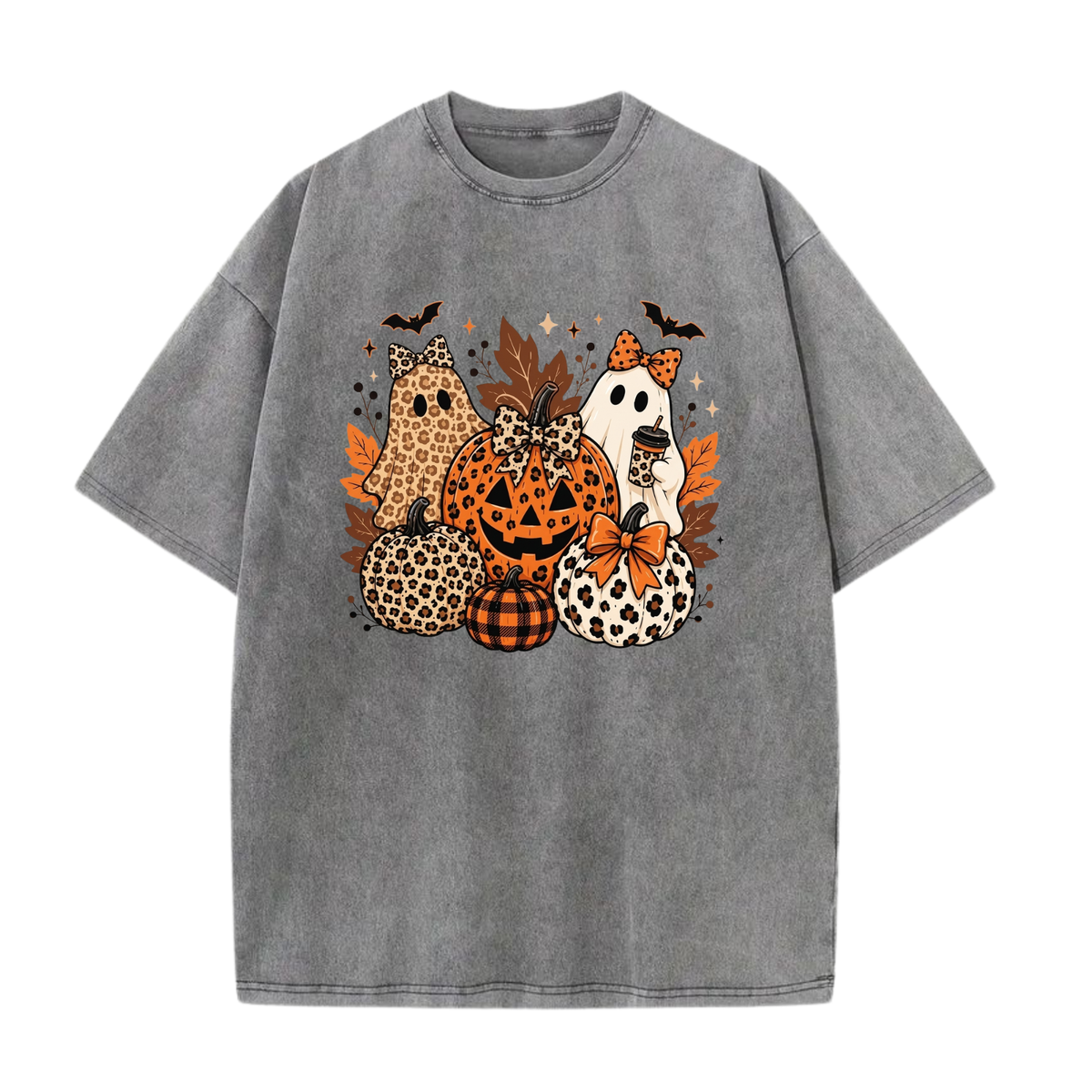 Leopard Bow Ghost Pumpkin Fall Halloween Graphic Shirt