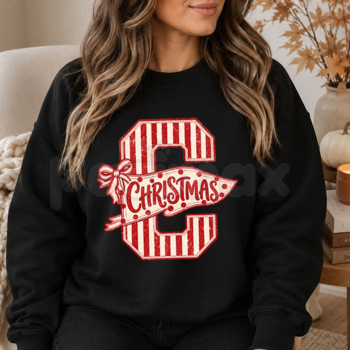 Vintage Coquette Letter C Christmas Sweatshirt | Candy Cane Bow Crewneck