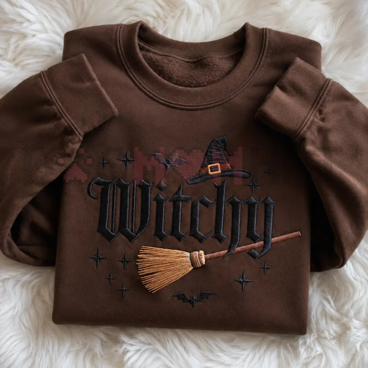 Midnight Broomstick Embroidered Witchy Sweatshirt - Vintage Halloween Bat & Floral Crewneck Pullover