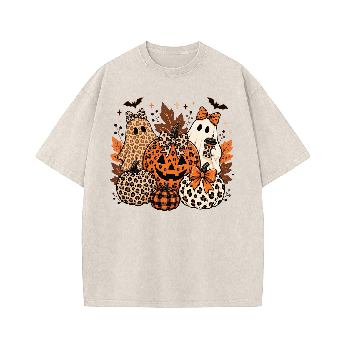Leopard Bow Ghost Pumpkin Fall Halloween Graphic Shirt