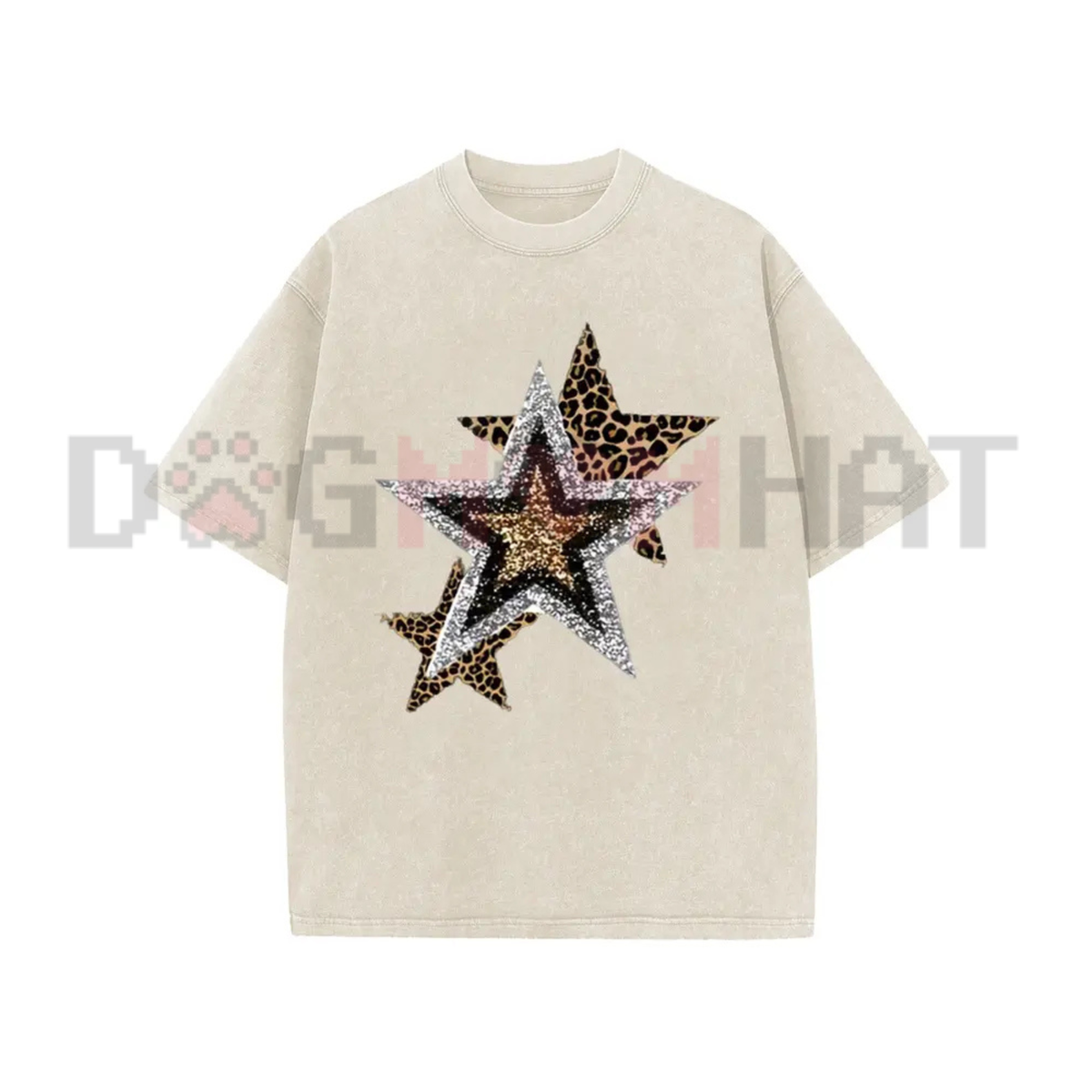 Holafish Celestial Cheetah Acid Wash Tee - Subtle Glitter Leopard Star Crew Neck Streetwear Shirt