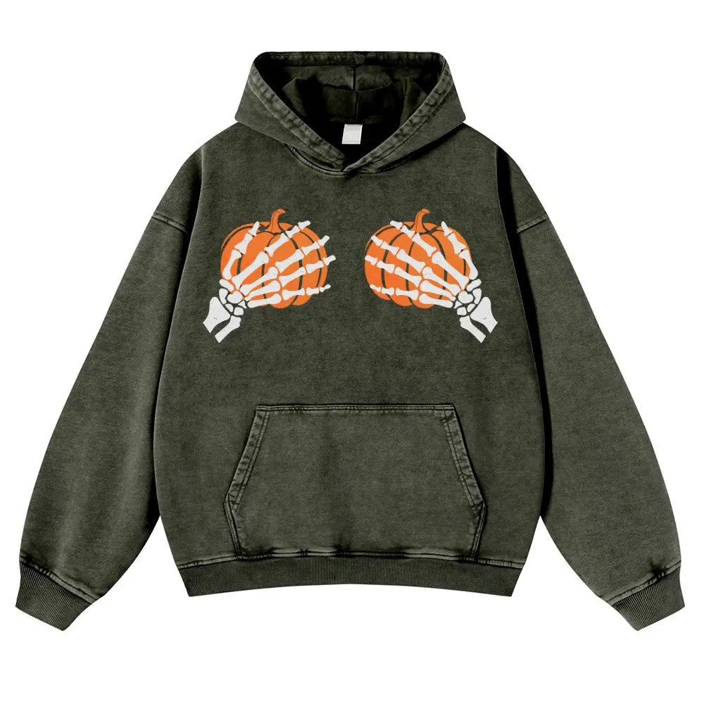 Skeleton Hands Holding Pumpkins Gothic Hoodie – Playful Meme Halloween Aesthetic Washed Pullover