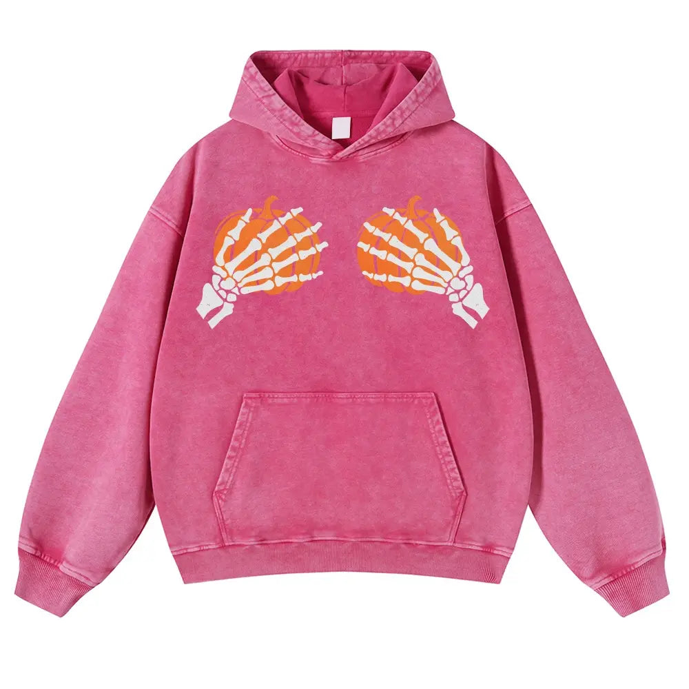 Skeleton Hands Holding Pumpkins Gothic Hoodie – Playful Meme Halloween Aesthetic Washed Pullover