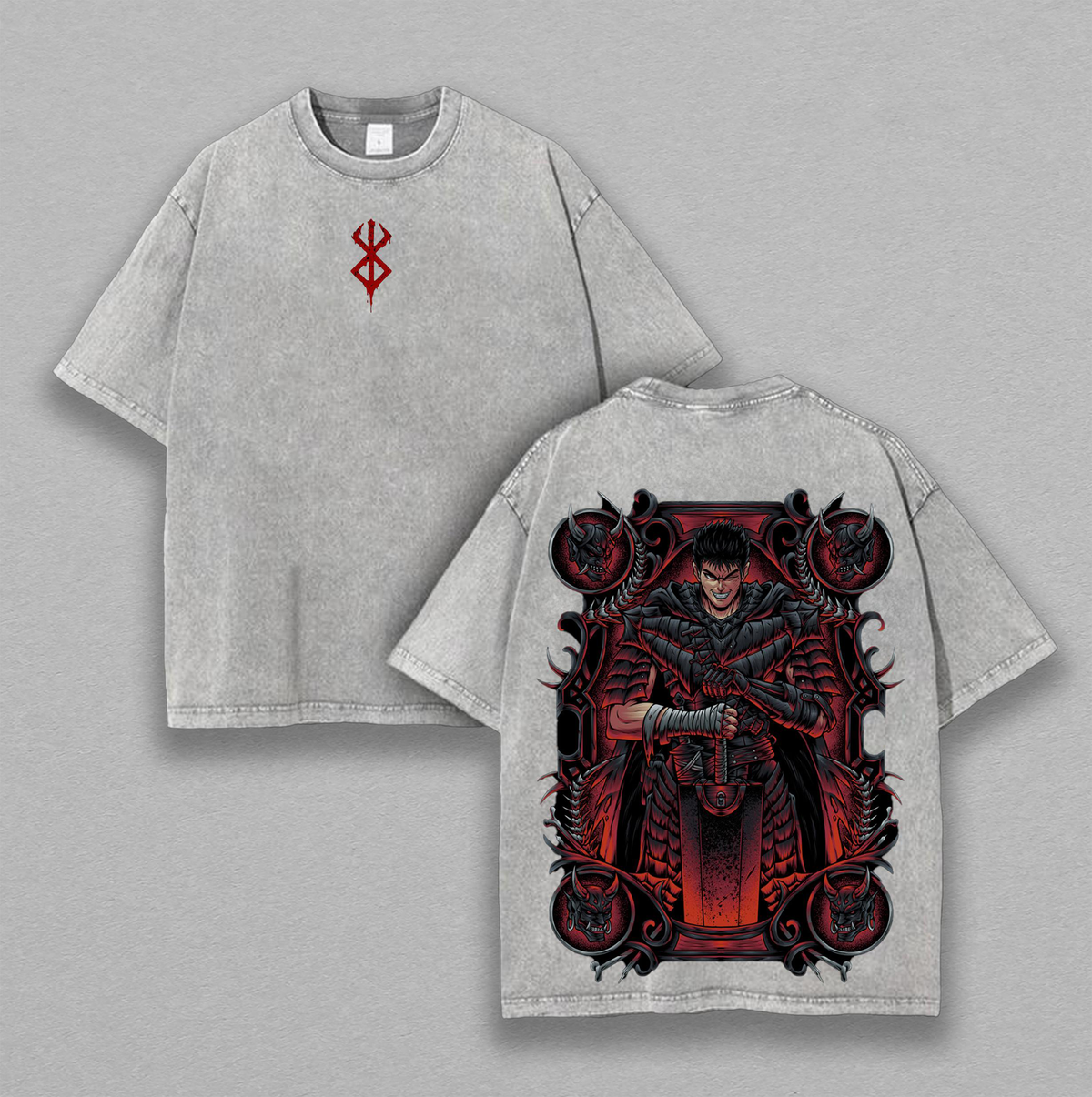 Guts x Berserk Anime Clothing Double Printed T-Shirt Washed