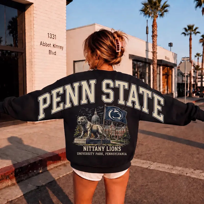 Vintage College Mascot Shoulder Back Print Sweatshirt | Black Retro Varsity Crewneck