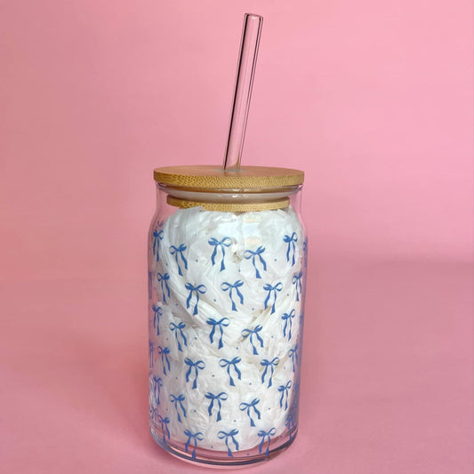 Blue Bow Glass Cup with Bamboo Lid & Straw