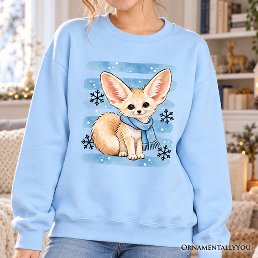 Snowflake Scarf Fennec Fox Christmas Sweatshirt, Cute Winter Animal Sweater