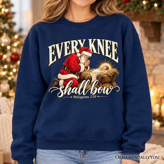 Every Knee Shall Bow Christmas Christian Sweatshirt, Santa Nativity Faith Sweater