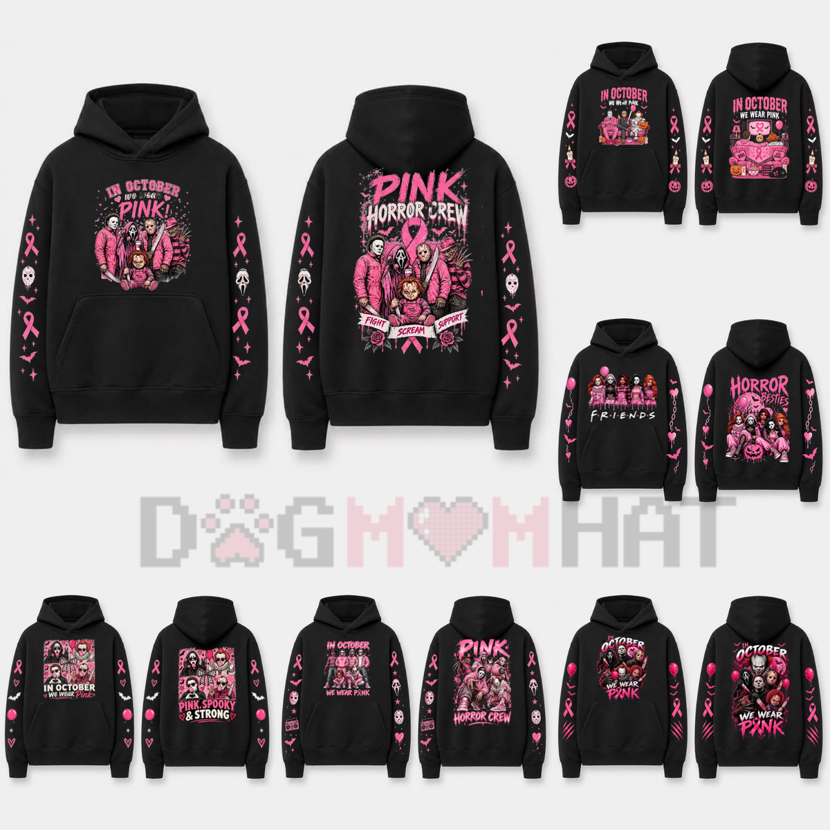 "In October We Wear Pink" Horror Spooky Ribbon Graphic Hoodie
