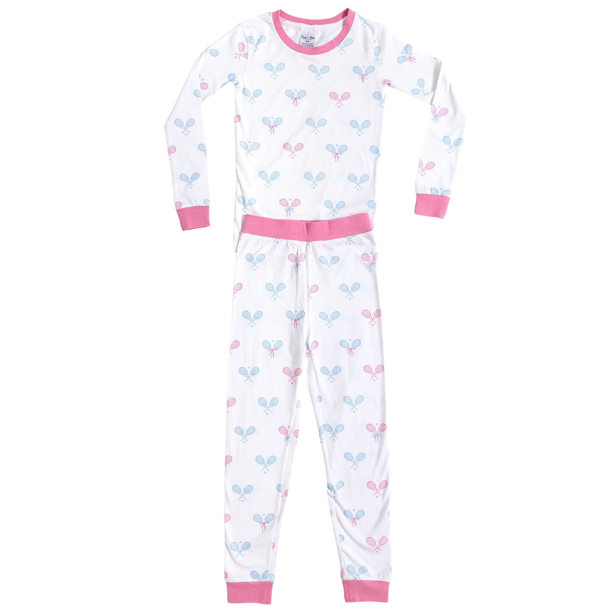 Kids Tennis Bows Long PJ Set - Blue Pink Organic Stretch Jersey Knit Cotton