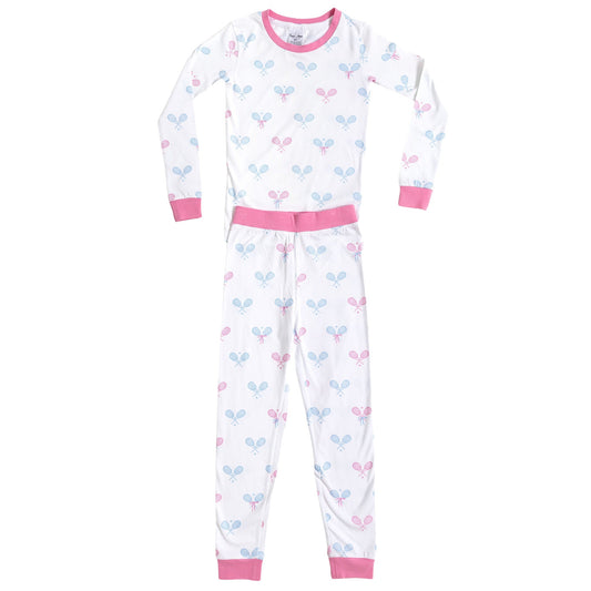 Kids Tennis Bows Long PJ Set - Blue Pink Organic Stretch Jersey Knit Cotton