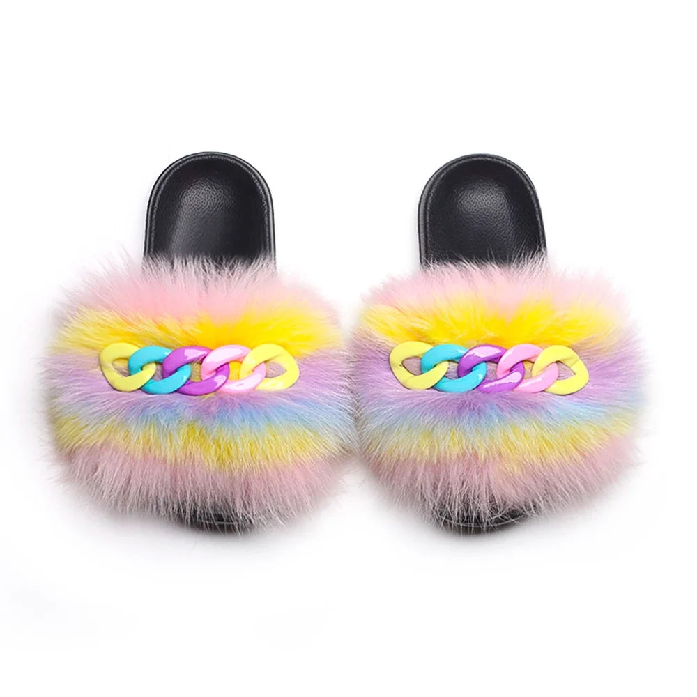 Women’s Fluffy Fox Fur Chain Slides