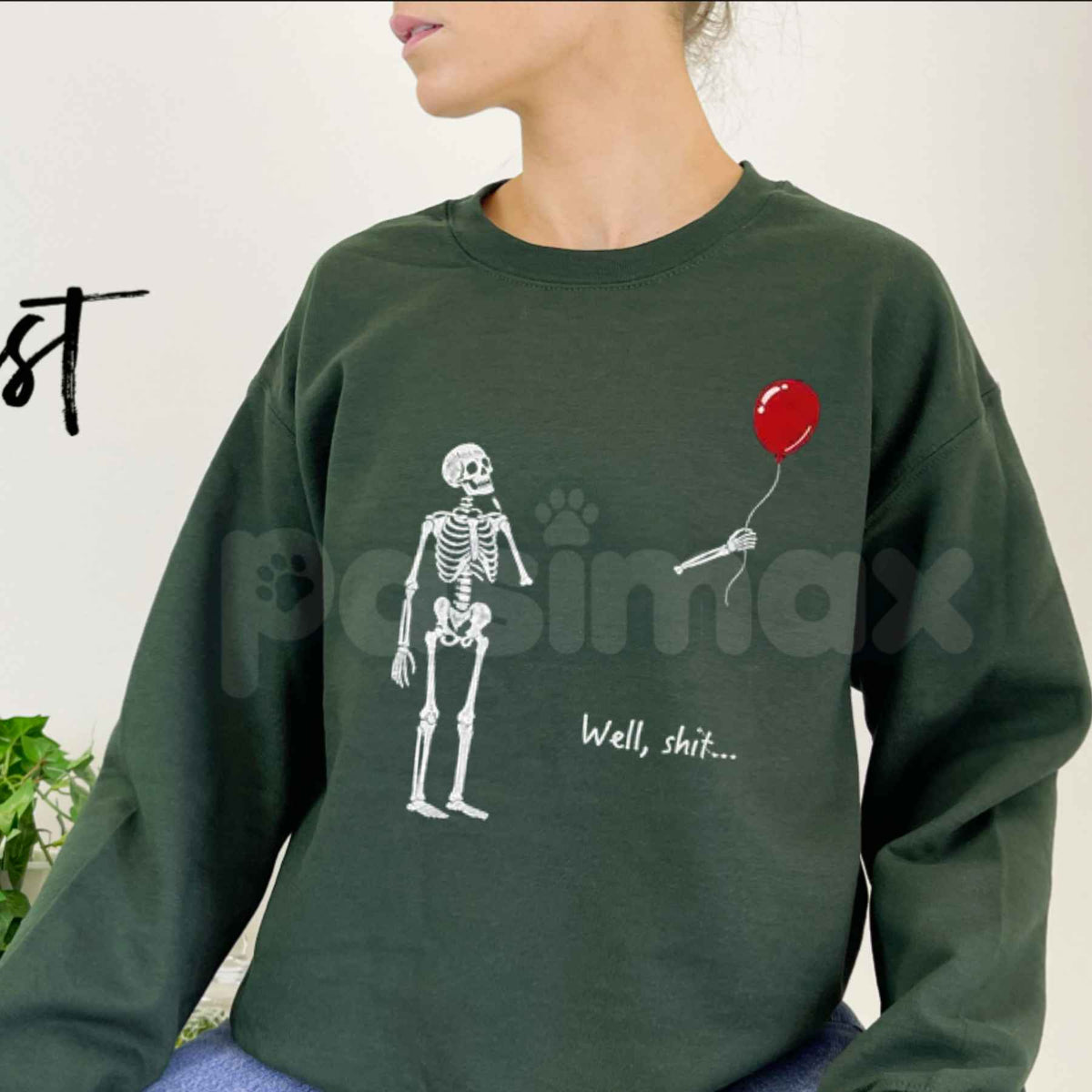 "Well Shit" Skeleton Balloon Embroidered Sweatshirt – Funny Sarcastic Crewneck