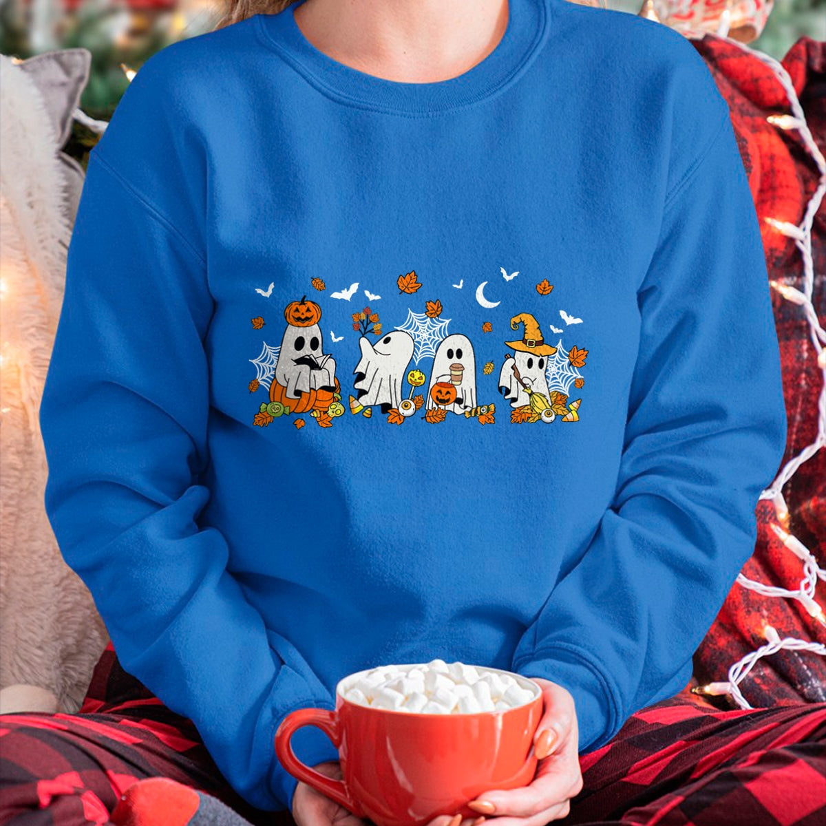 Cute Ghost Drinking Coffee Halloween Fall Ghost Book Reading T-Shirt - Halloween Unisex T-Shirt/Hoodie - NGHL00