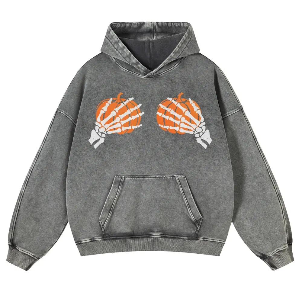 Skeleton Hands Holding Pumpkins Gothic Hoodie – Playful Meme Halloween Aesthetic Washed Pullover