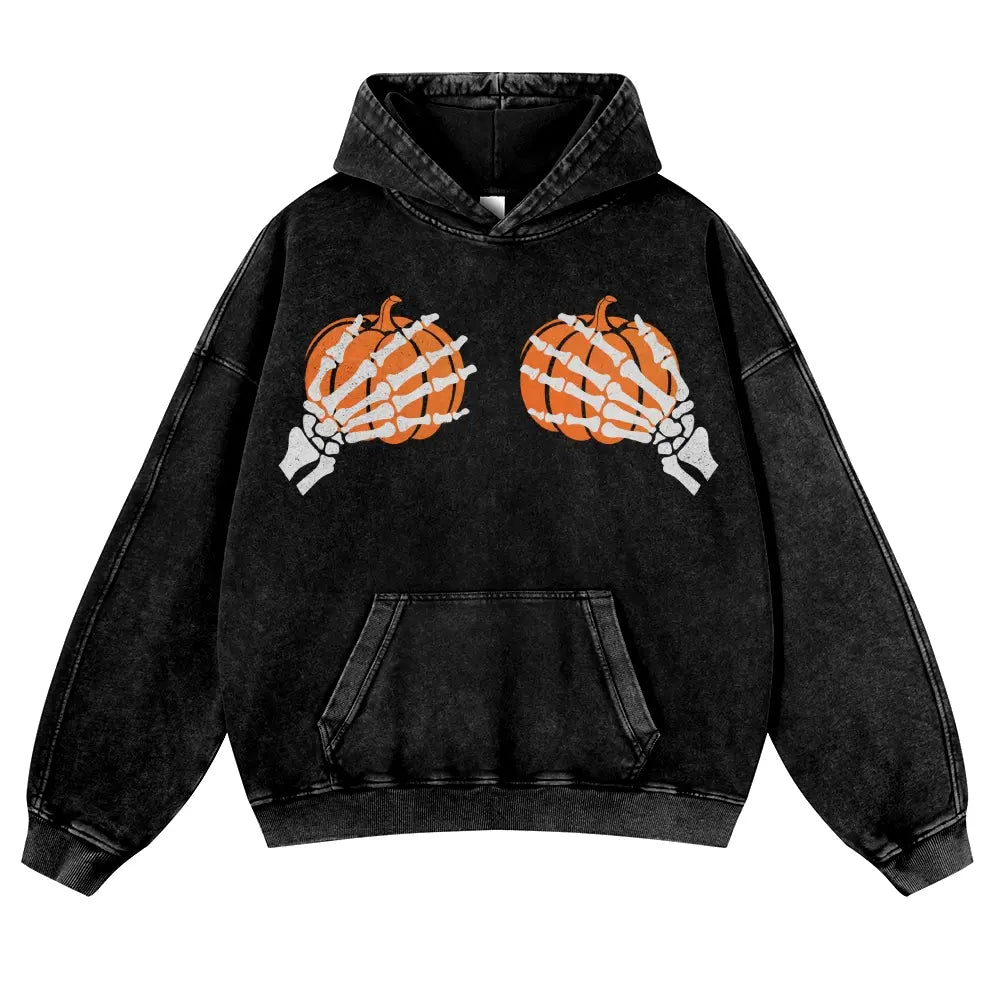 Skeleton Hands Holding Pumpkins Gothic Hoodie – Playful Meme Halloween Aesthetic Washed Pullover