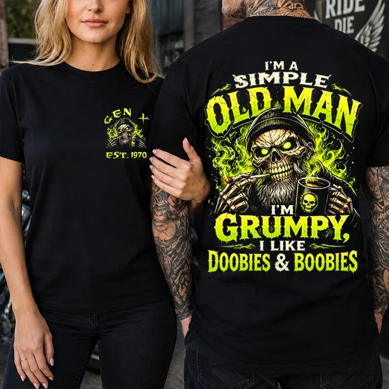 Chaosmoda I'm A Simple Old Man Grumpy Custom Year Skull T-Shirt – Funny Gen X Biker Graphic Tee