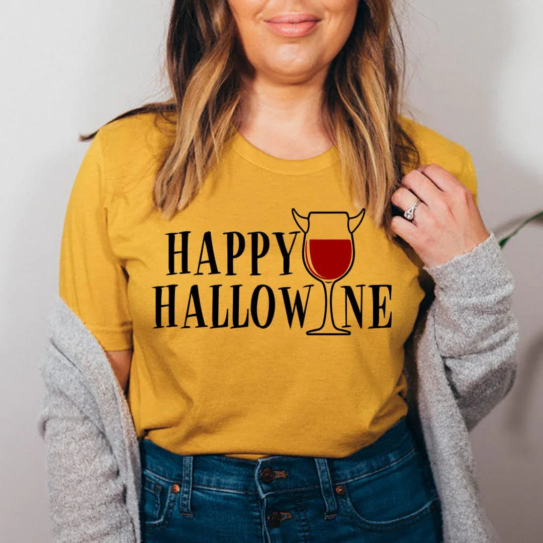 \"Happy Hallowine\" – Halloween Wine Humor Graphic Tee