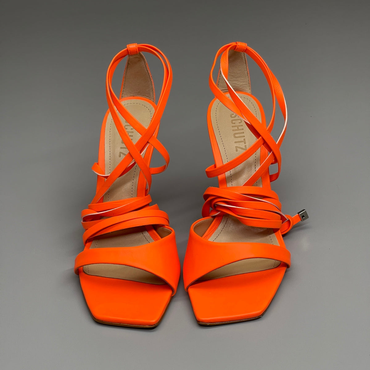 SCHUTZ Bryce Ankle Tie Women's High Heel Leather Strappy Sandal Acid Orange Sz 7.5 (New)