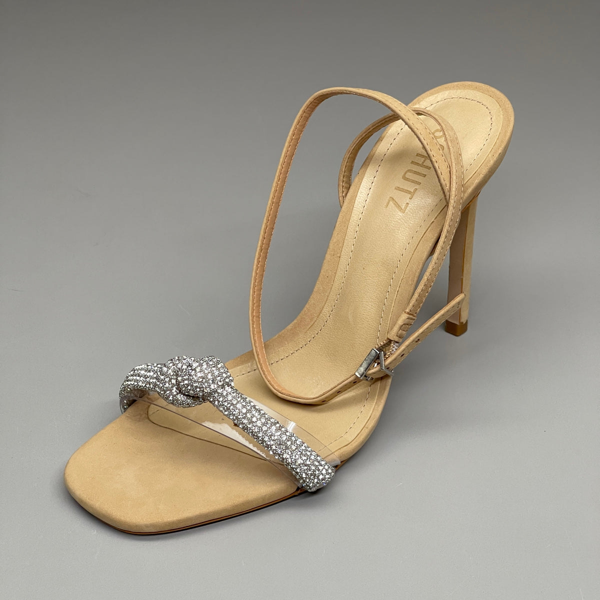 SCHUTZ Peaky Nubuck & Vinyl Multimaterial Women's Sandal Heel Light Nude Sz 10B (New)